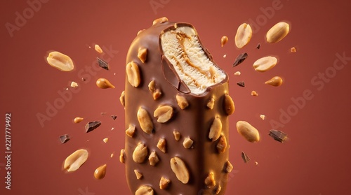 Bitten chocolate ice cream bar with roasted peanuts isolated on brown studio background