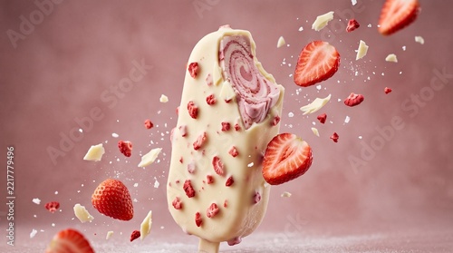 Bitten White Chocolate Strawberry Ice Cream Bar with Flying Fruit Pieces on a Pink Background