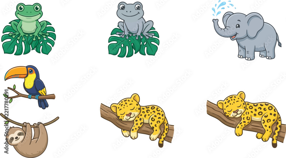 Fototapeta premium Cute tropical jungle animals vector sticker collection featuring cartoon frog elephant toucan jaguar and sloth isolated on white background