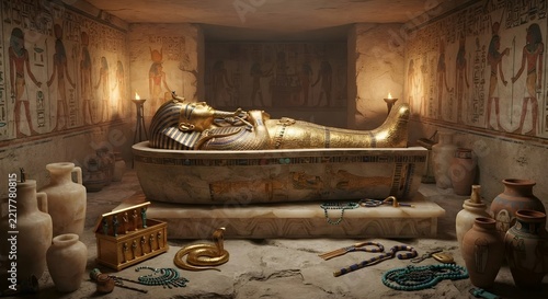 Golden Pharaoh Sarcophagus on Pedestal in Hieroglyphic Tomb Chamber with Jewelry Cobra and Ushabti Box