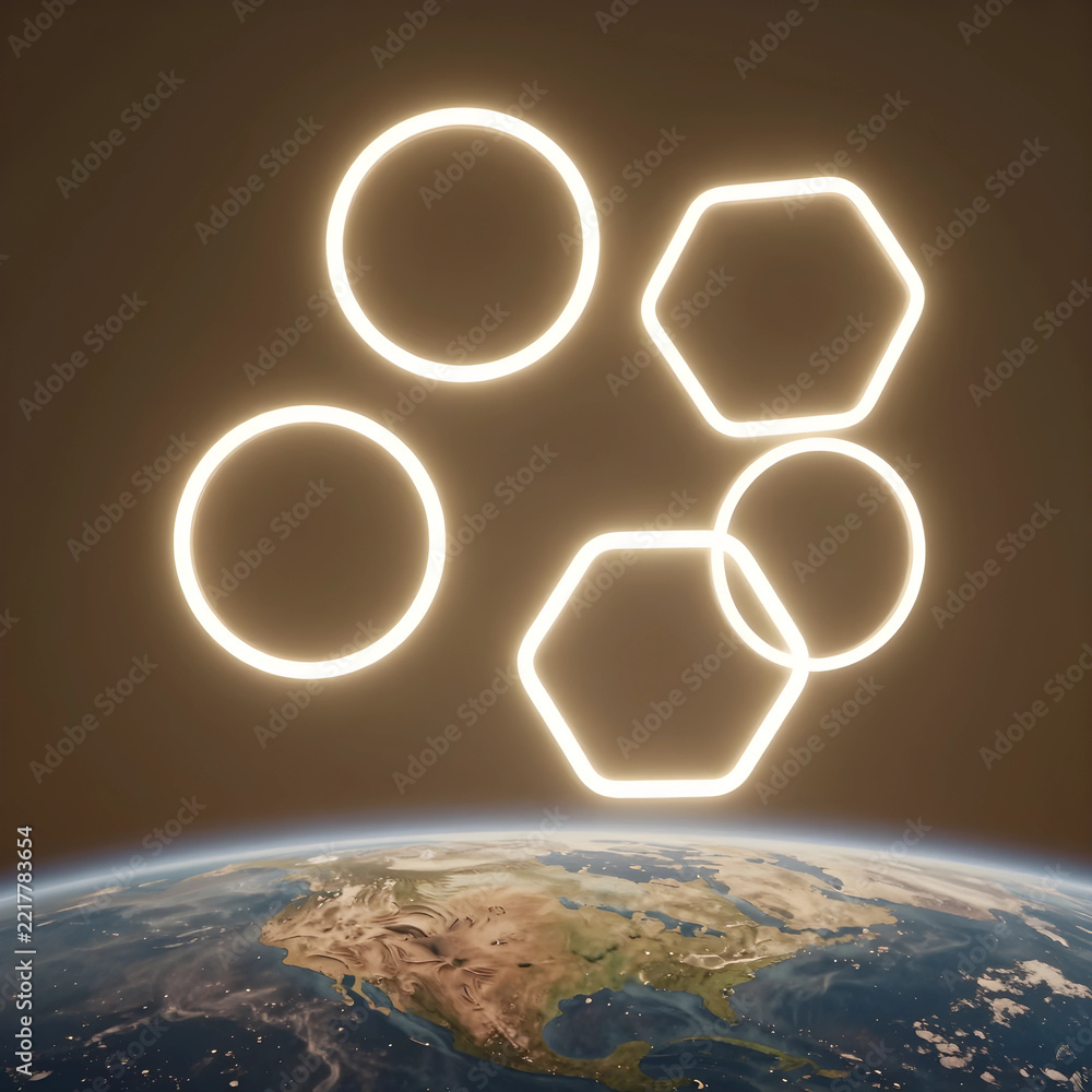 Fototapeta premium Global connectivity and digital network, glowing geometric shapes floating above planet Earth satellite communication and future technology