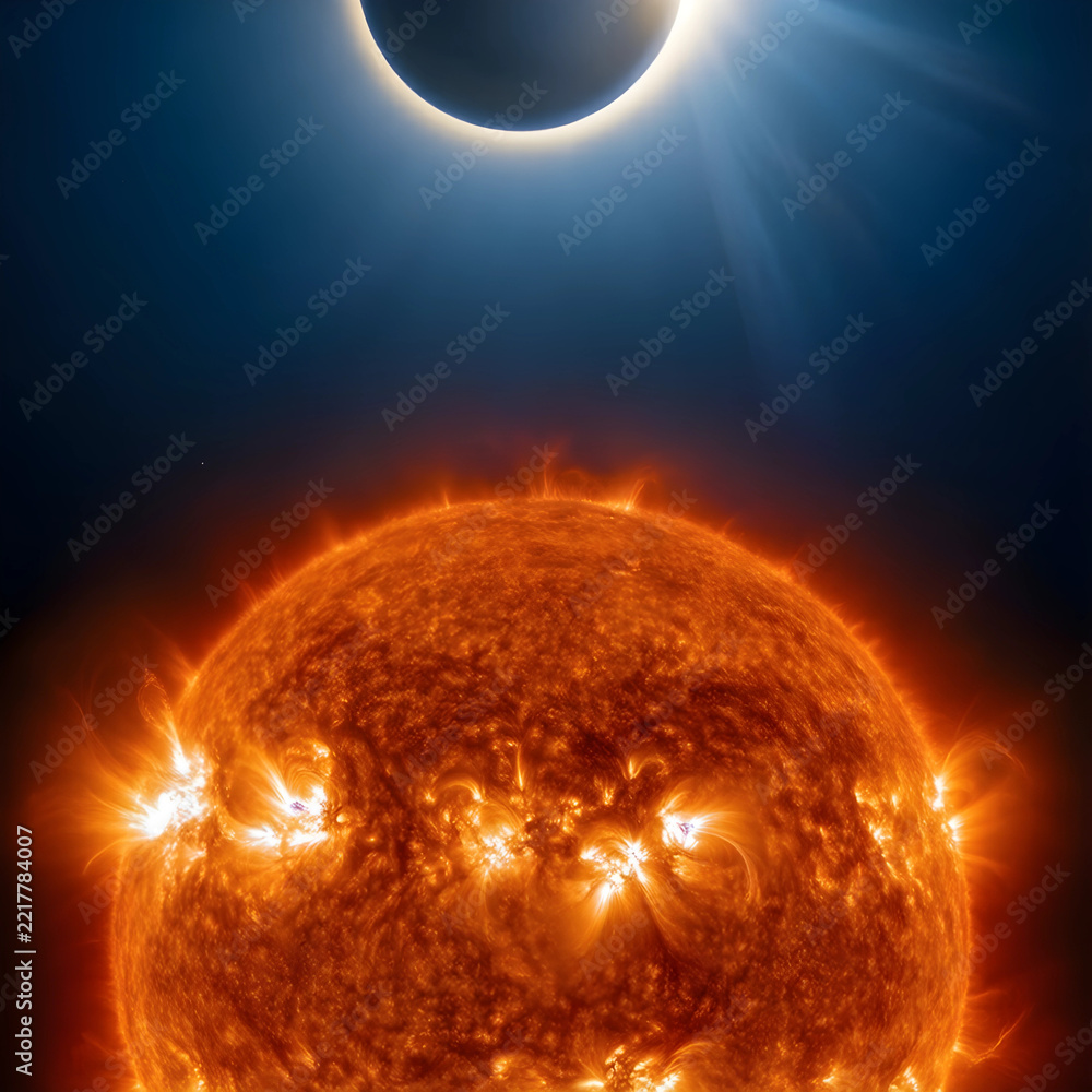 Fototapeta premium Solar eclipse and astronomy total sun eclipse with corona and solar flares space exploration and cosmic phenomena celestial event in deep dark space