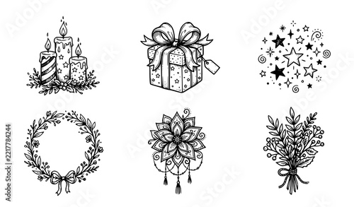 Six Hand Drawn Black White Gift Candle Star Floral Icons