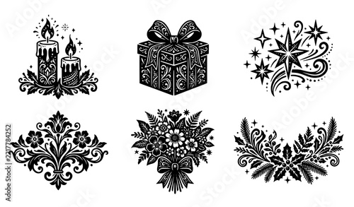 Six Black and White Celebration Candles Gifts Stars Floral Icons