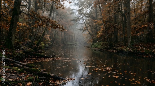 Misty autumn forest with river reflecting fall leaves and dark, ancient trees.