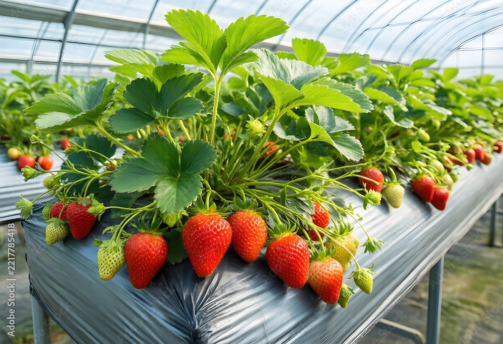 Fototapeta premium Sustainable agriculture and organic farming, fresh strawberries growing in a greenhouse for local food production and healthy nutrition supply chain