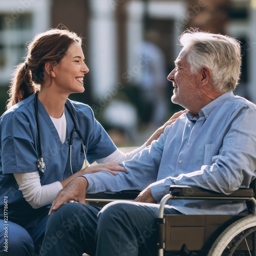 Nurse and old man in wheelchair outdoor clinic area, compassionate care