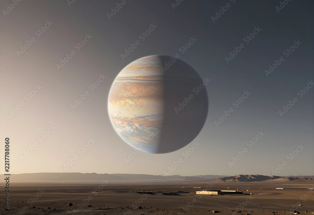 Fototapeta premium Space exploration and astronomy, giant planet Jupiter looming over a desolate desert landscape at twilight with a small remote building in the distance