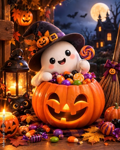 A playful Halloween illustration featuring a smiling ghost inside a carved jack‑o’‑lantern filled with colorful candies. The ghost wears a purple witch hat decorated with pumpkins and autumn leaves. 