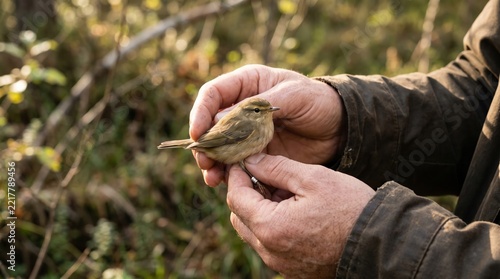 Wildlife researcher gently holding a small wild bird in hands during ecological field study