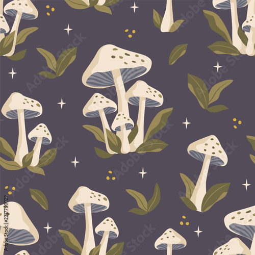 Seamless Vector Pattern with Magical Mushrooms, Leaves and Stars