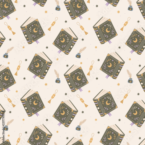 Seamless Vector Pattern with Magic Books, Crescent Moons, Quills and Stars