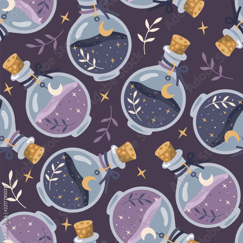Seamless Vector Pattern with Magic Potion Bottles, Moons and Stars