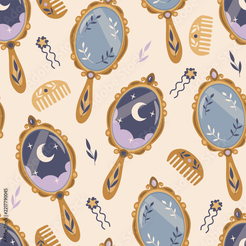Seamless Vector Pattern with Vintage Hand Mirrors, Crescent Moons and Combs