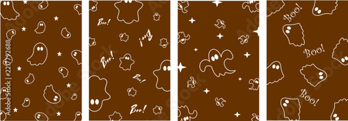 Fotografie Halloween seamless pattern with cute ghosts and boo text on brown