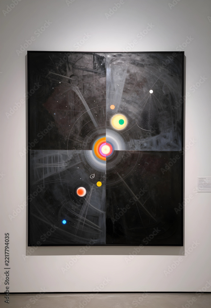 Fototapeta premium Astronomy and cosmology art, abstract painting of solar system and planetary orbits on display in modern art gallery with minimalist white wall background
