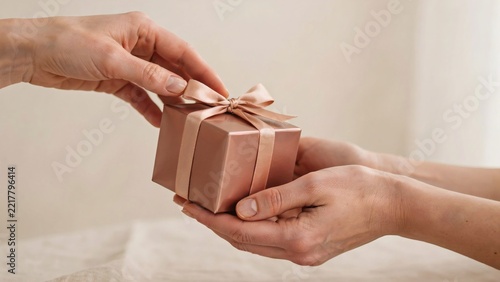 Two people exchanging a small gift box wrapped in rose gold paper with a satin ribbon bow
