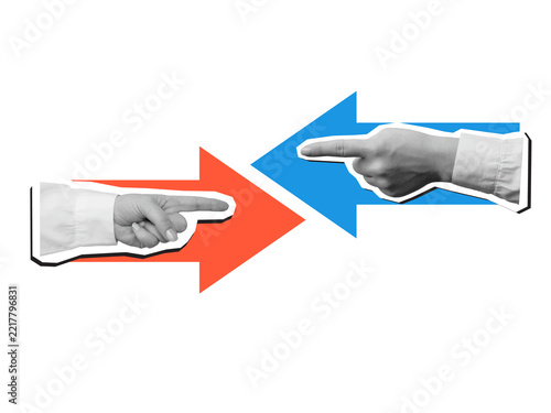 Concept of confrontation: red and blue arrows with pointing fingers directed at each other. Modern collage style. Illustration on transparent background