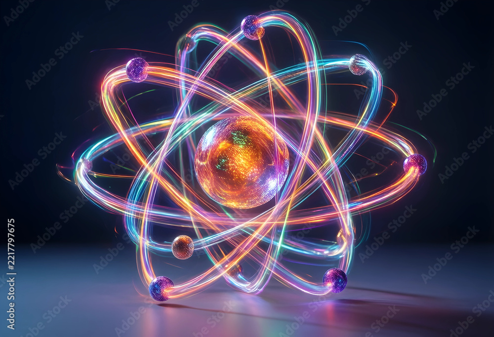 Fototapeta premium Quantum physics and atomic energy, glowing subatomic particles with light trails orbiting a central nucleus for scientific research and technology