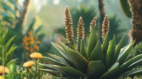 Lush aloe plant in a tropical garden setting, sunlight filtering through trees
