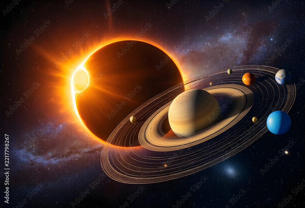 Fototapeta premium Astronomy and space exploration, solar eclipse with Saturn and planetary system in deep space, cosmic discovery and science education background