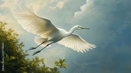 Majestic egret soars through a sky filled with clouds over lush foliage