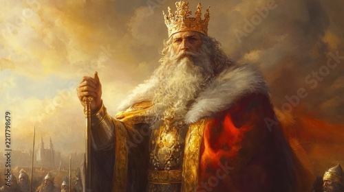 Majestic King, golden crown, red robe, historical battle background