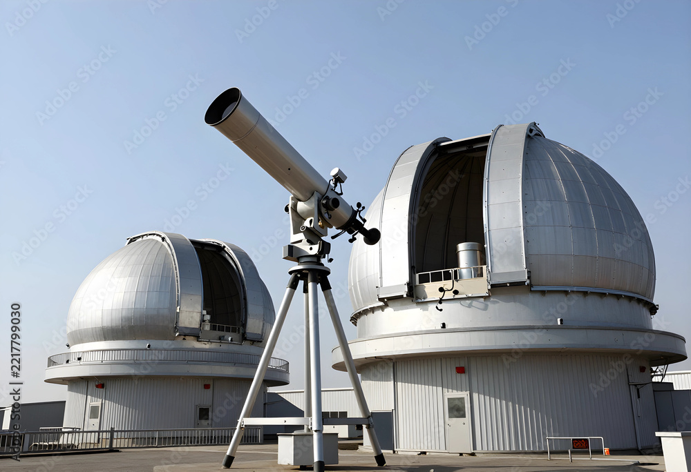 Fototapeta premium Astronomy and space exploration, professional telescope at an observatory with metal domes for scientific research and celestial observation of the night sky