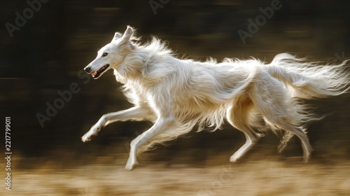 Majestic white dog running outdoors, golden hour sunlight