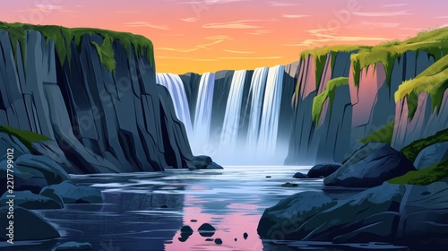 Majestic Waterfall Cascading Between Rocky Cliffs at Sunset