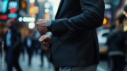 Man adjusting watch in NYC city street, busy background