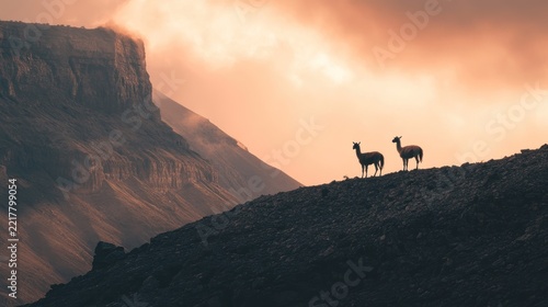 Majestic Llamas on Mountain Ridge at Sunset