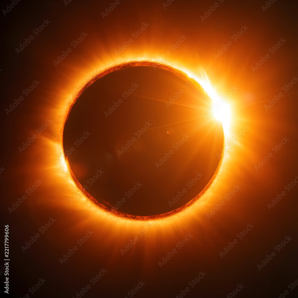 Fototapeta premium Solar eclipse and astronomy event, total sun eclipse with glowing corona and light flare in dark space for science and celestial phenomenon research