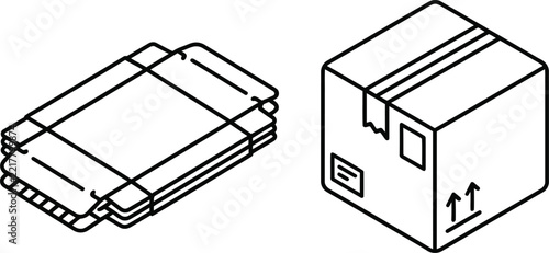 Isometric cardboard box and folded shipping carton flat line art
