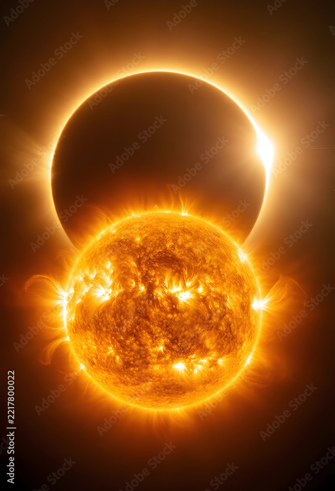 Fototapeta premium Solar eclipse and astronomy, total sun eclipse with glowing corona and solar flares in deep space, celestial event and cosmic phenomenon in the universe