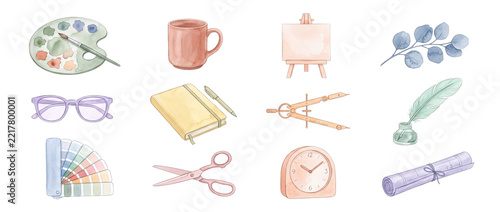 Watercolor stationery art creative tools set with palette easel notebook scissors glasses and clock clipart elements isolated on dark background for design craft education and office layout