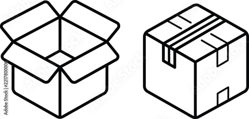 Open and closed cardboard box line art icons for shipping delivery