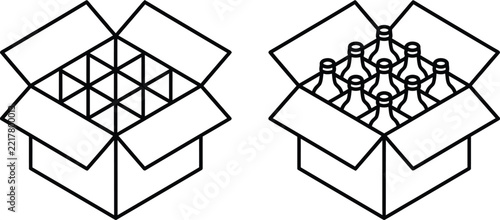 Open cardboard box with glass bottles inside and empty crate divider