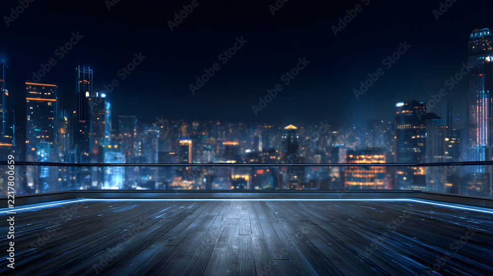 Naklejka premium Futuristic rooftop terrace overlooking night city skyline, empty wooden deck platform, illuminated urban cityscape background