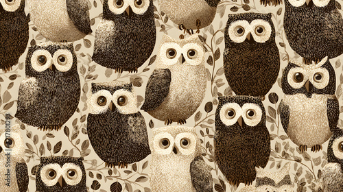 Vintage owl pattern background, retro sepia bird illustration, whimsical forest owl wallpaper with botanical leaves