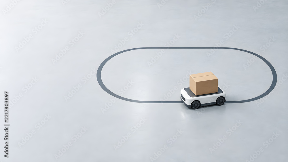 Obraz premium Automated Guided Vehicle Concept Carrying a Box on a Loop Route