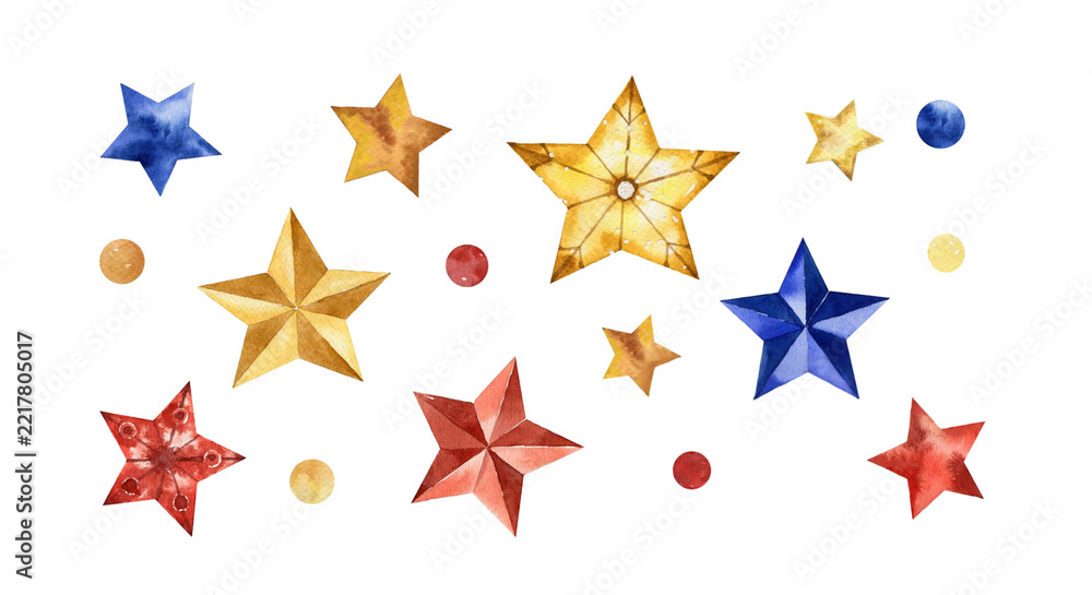 Fototapeta premium Watercolor Christmas stars and festive dots set in gold, blue, and red isolated on black background