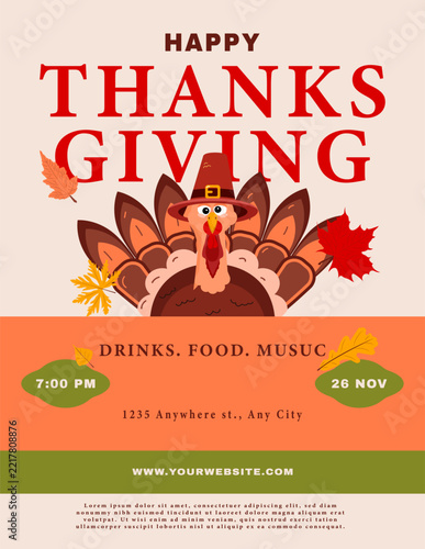Thanksgiving greeting card with fun turkey; Happy thanksgiving poster, banner.