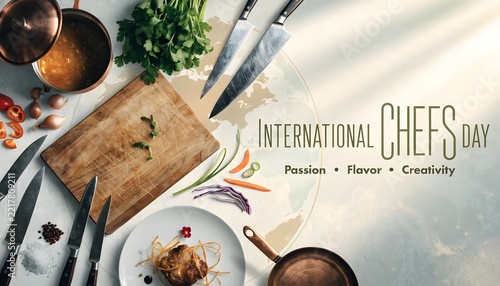 International chefs day banner with kitchen tools