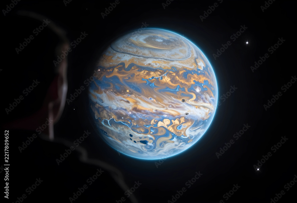 Fototapeta premium Space exploration and future discovery, person looking at a giant gas planet in deep space with stars and cosmic atmosphere in a dark galaxy background