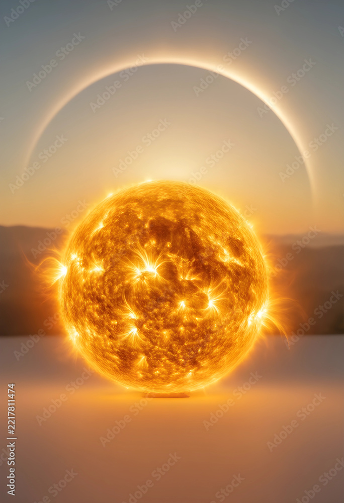 Fototapeta premium Renewable energy and solar power innovation, glowing sun sphere with atmospheric halo effect for sustainable technology and clean power generation concepts