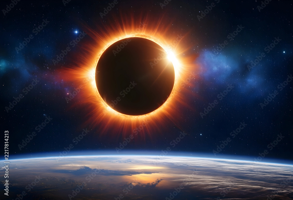 Fototapeta premium Total solar eclipse, astronomy and space exploration concept, celestial event with sun corona glowing above earth horizon in deep dark outer space
