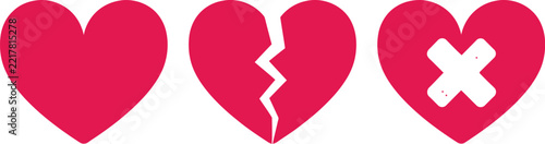 Heart icon collection showing love broken and bandaged state