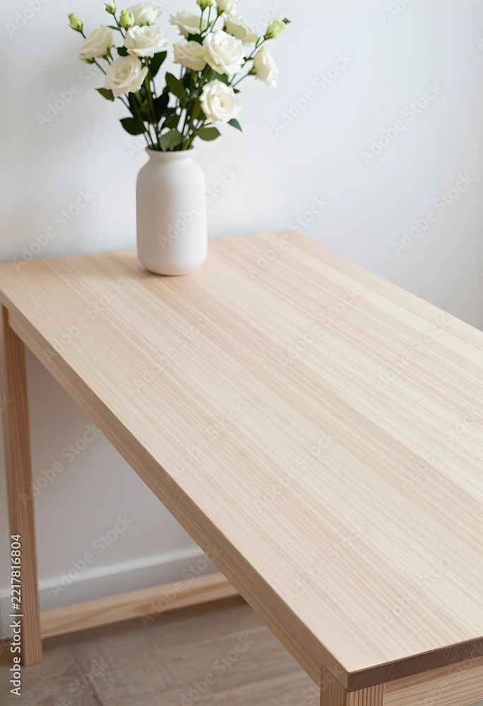 Fototapeta premium Minimalist interior design and home office workspace, wooden desk with white rose bouquet in vase for lifestyle branding and wellness environment