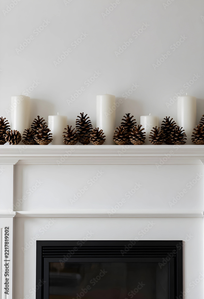 Naklejka premium Hygge home decor and winter holiday atmosphere, white candles and pine cones arranged on a fireplace mantel for seasonal interior design and comfort